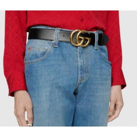 Leather belt with shiny double G buckle