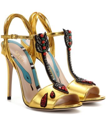 Gucci Crystal-embellished metallic leather sandals Gold