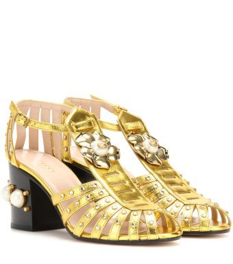 Gucci Embellished metallic leather sandals Gold