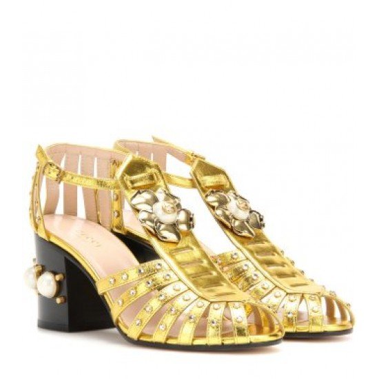 Gucci Embellished metallic leather sandals Gold