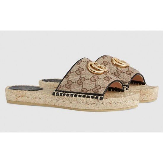 Women GG Quilted Canvas Straw Sandals 620120