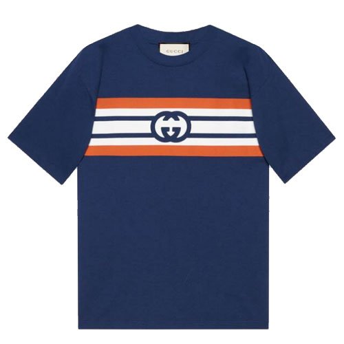 Interlocking GG Stripe Print T-Shirt Blue