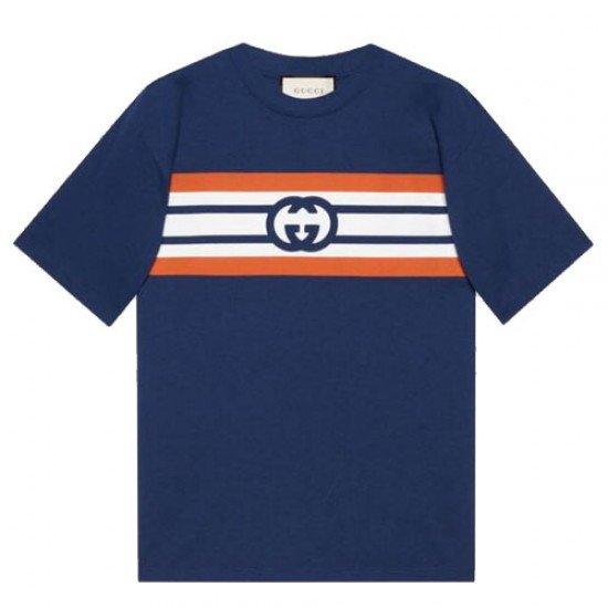 Interlocking GG Stripe Print T-Shirt Blue