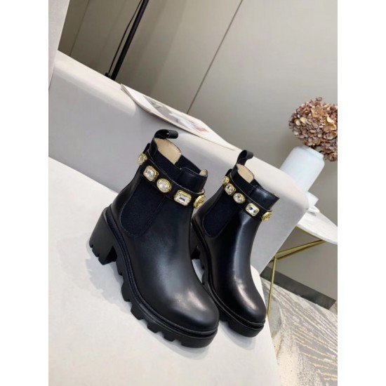 Ankle Boots Black Leather Crystals