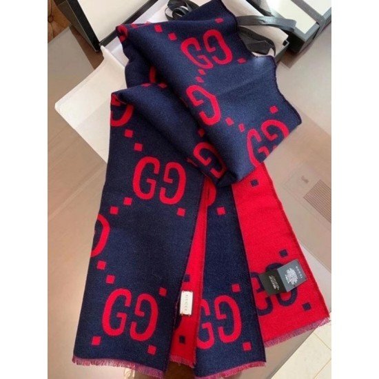 GG Jacquard Wool Silk Scarf Blue/Red