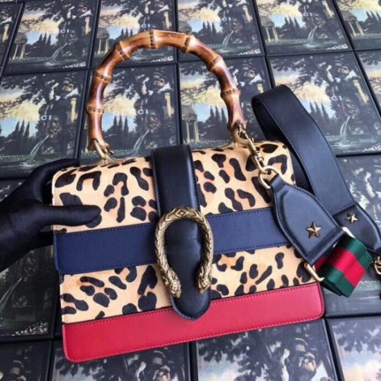 Leopard Dionysus Small Bamboo Top Handle Bag