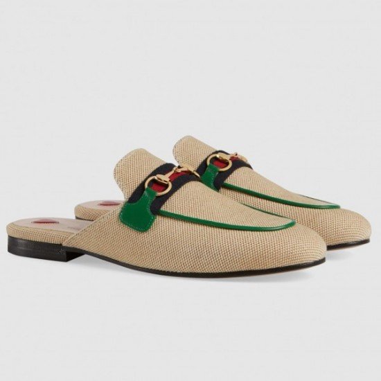 Princetown Canvas Green Leather Slippers